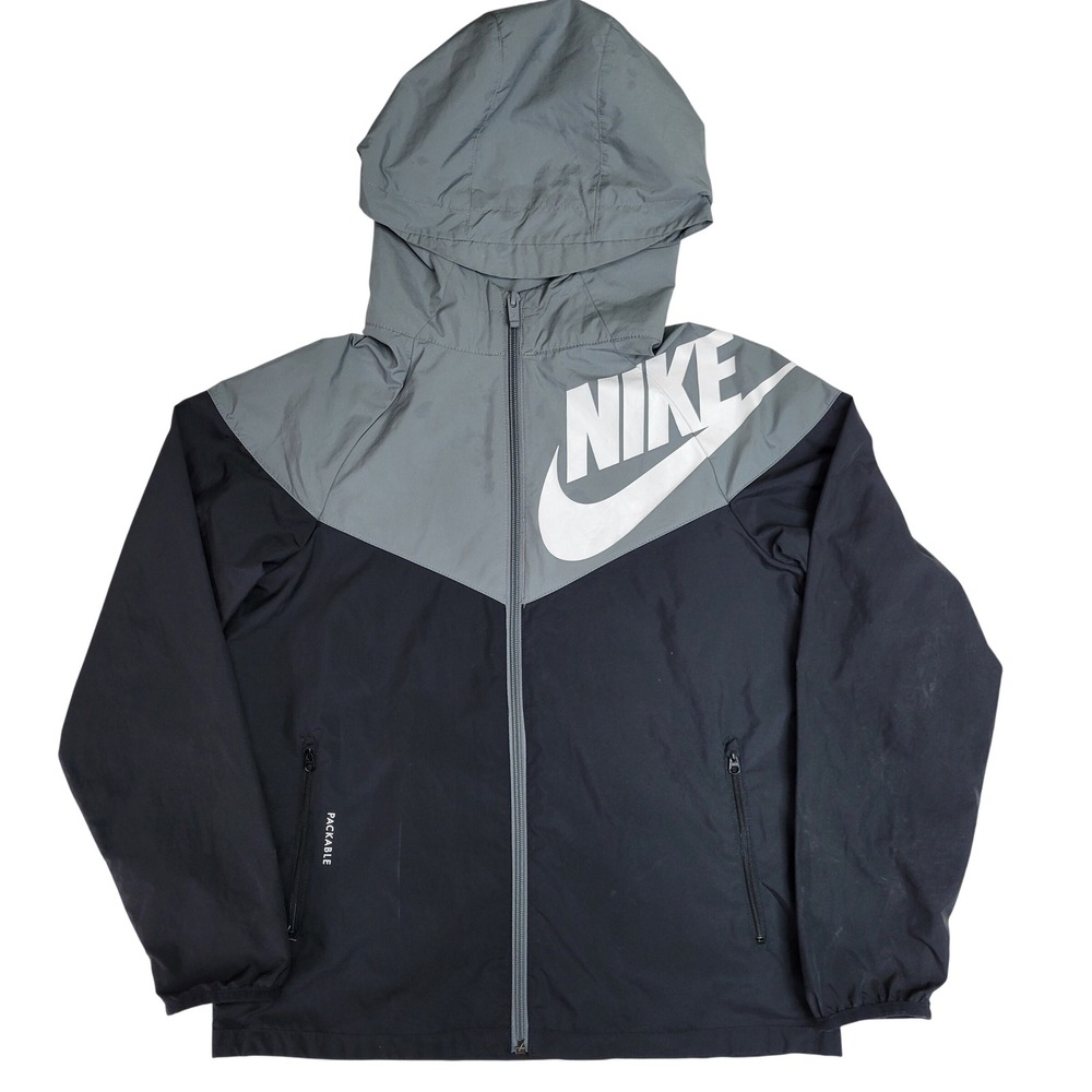 Nike Windrunner Jacket Hooded Packable Black‎ Grey White Logo Youth Large